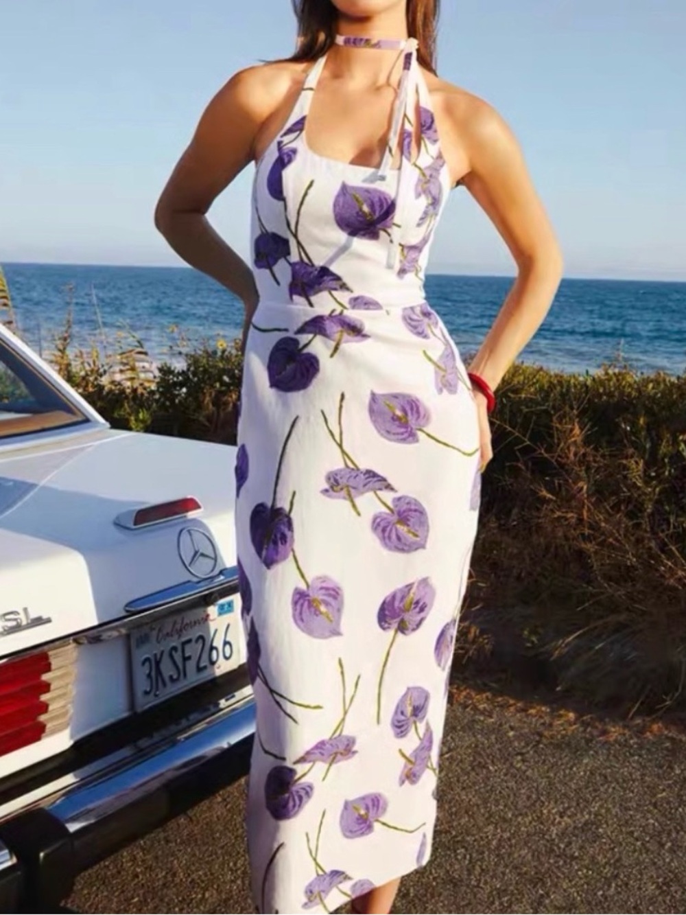 Reformation Yana Linen white & purple flower dress.